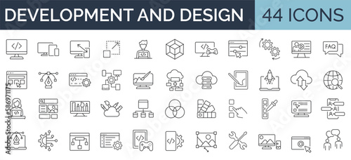 Set of 44 line icons related to web design, development. Editable stroke. Vector illustration