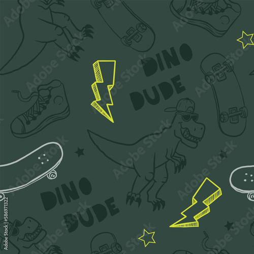 Seamless pattern with skate, lightning, t-rex .  Background for textile, fabric, stationery, clothes, accessories and other designs.