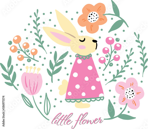 Print with flower and rabbit for t-shirt, clothing, cards, message and more design.
