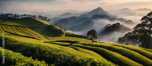 View of the tea plantation mountains, generative AI