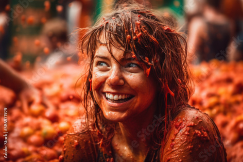 Woman sitting in the mass of tomatoes. Generative AI. photo