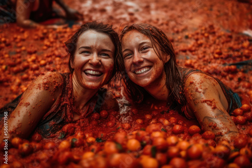 Two young women sitting in the mass of tomato pulp. Generative AI. photo