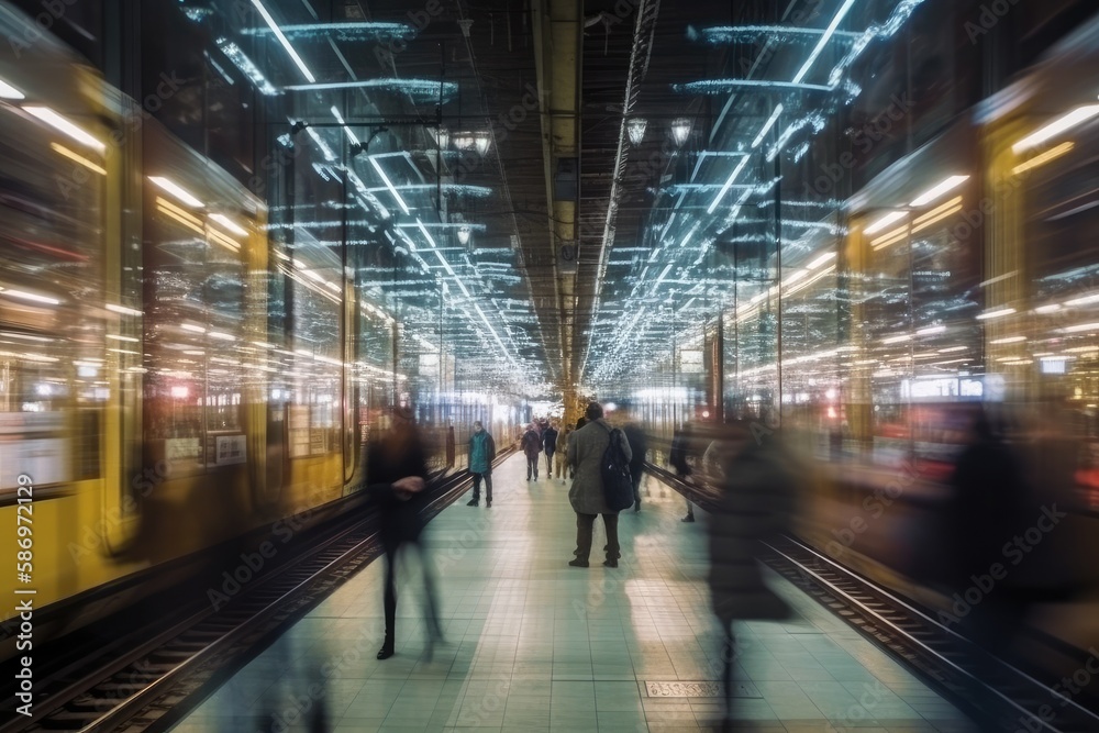 Crowd of all kind of people walking in train station fast moving with blurry trains on the right and blurry glas front on the left at night with neon lights - Generative AI
