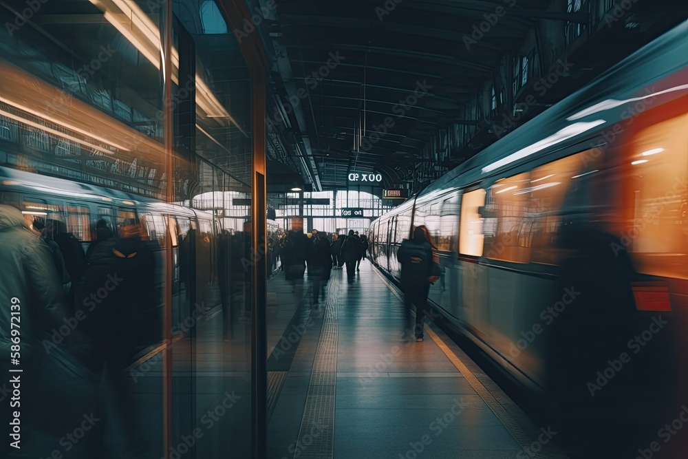 Fototapeta premium Crowd of all kind of people walking in train station fast moving with blurry trains on the right and blurry glas front on the left at night with neon lights - Generative AI