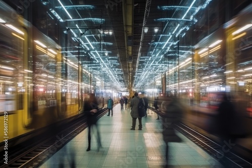 Crowd of all kind of people walking in train station fast moving with blurry trains on the right and blurry glas front on the left at night with neon lights - Generative AI