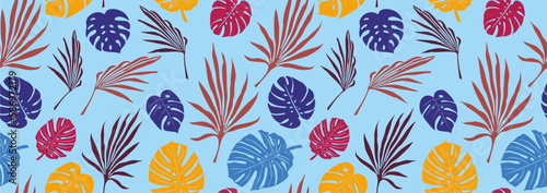 Tropical flowers, palm leaves, jungle, hibiscus. Vector exotic floral illustration. Hawaiian bouquet. Set of abstract tropical leaves. Monstera on blue background. Seamless tropical background
