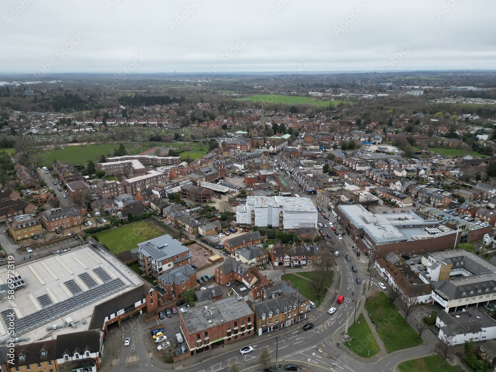 Fototapeta premium Weybridge town centre shops and housing Surrey UK Drone, Aerial,