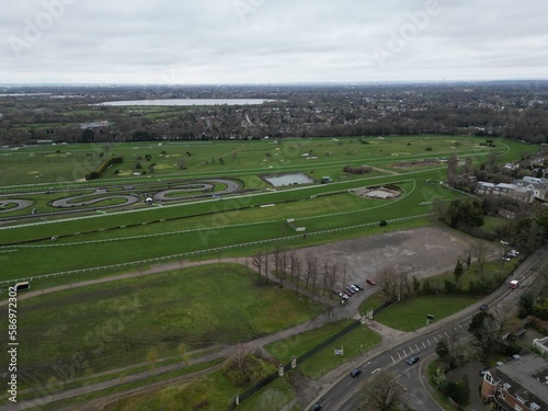 Sandown Park Racecourse Esher Surrey UK drone aerial view .Sandown Park Racecourse Esher Surrey UK high angle  drone aerial view photo