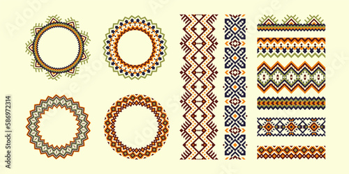 Set of Ethnic decorative elements.  Round ornament pattern, borders and frame. Tribal geometric design.
