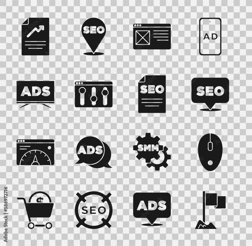 Set Location marker, Computer mouse, SEO optimization, Browser window, setting, Advertising, Document with graph chart and icon. Vector Set Location marker, Computer mouse, SEO optimization, Browser window, setting, Advertising, Document with graph chart and icon. Vector