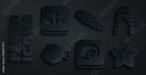 Set Octopus on a plate, Fish steak, hedgehog, Starfish, and Sushi cutting board icon. Vector