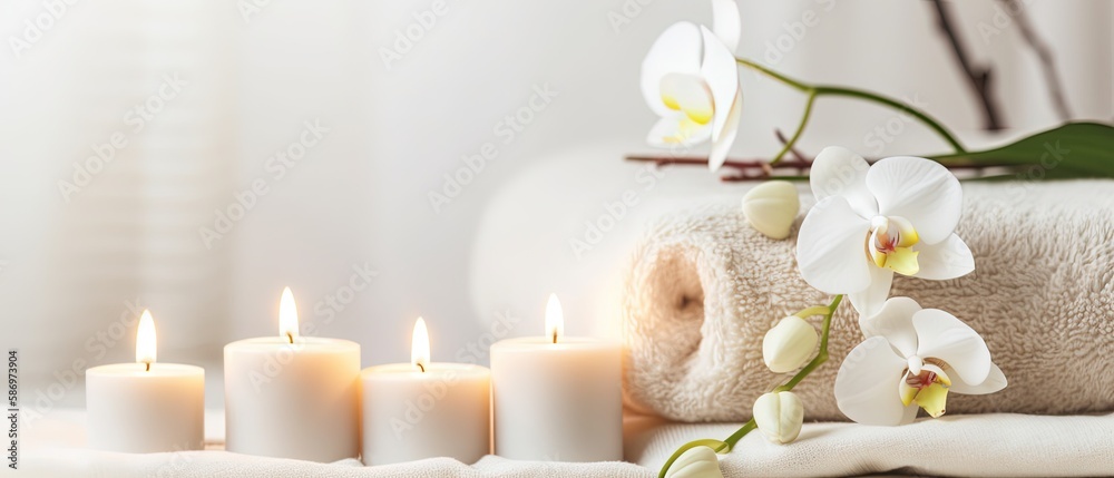 spa composition on massage with Soft White Towels, Essential Oils, stones, flowers, Candles, and Relaxation ,digital ai art	
