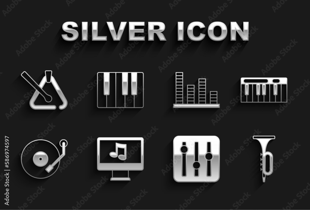 Set Computer with music note, Music synthesizer, Trumpet, Sound mixer controller, Vinyl player, equalizer, Triangle musical instrument and icon. Vector Set Computer with music note, Music synthesizer, Trumpet, Sound mixer controller, Vinyl player, equalizer, Triangle musical instrument and icon. Vector