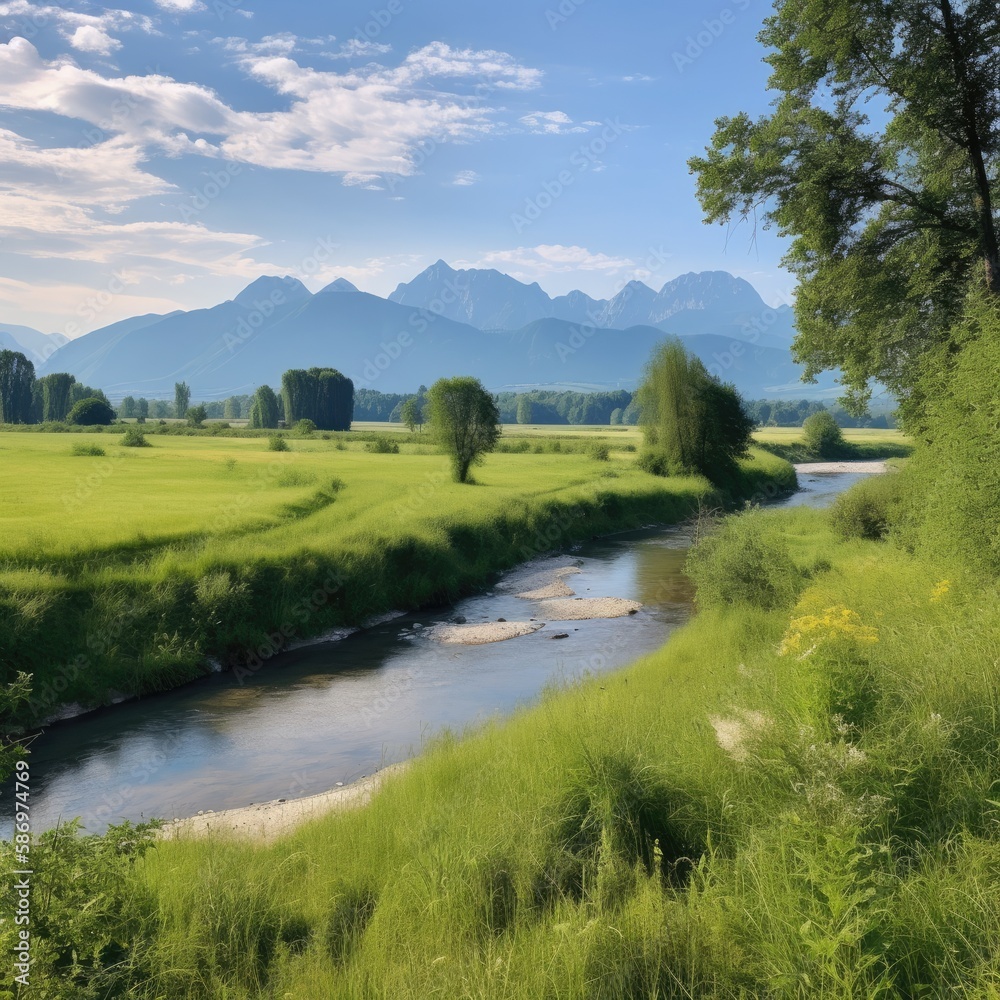 Ein wunderschöner Blick auf eine idyllische Landschaft, umgeben von Bergen und grünen Wäldern Ein wunderschöner Blick auf eine idyllische Landschaft, umgeben von Bergen und grünen Wäldern