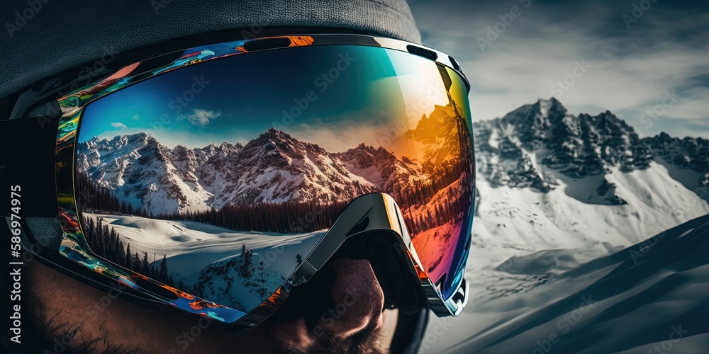 Close up of the ski goggles of a man with the reflection of snowed mountains. A mountain range reflected in the ski mask. Portrait of man at the ski resort on the background by ai generative - obrazy, fototapety, plakaty 
