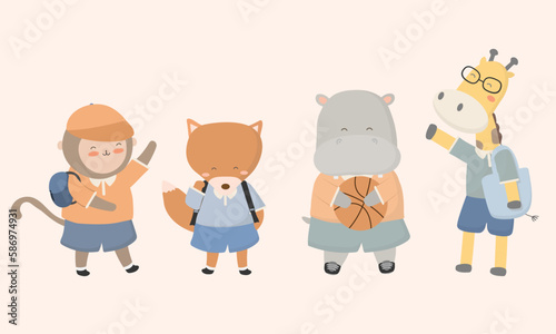 Welcome Back to school with funny school animal characters flat vector illustration.