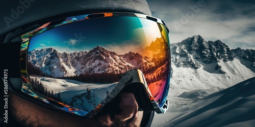 Fotografiet Close up of the ski goggles of a man with the reflection of snowed mountains