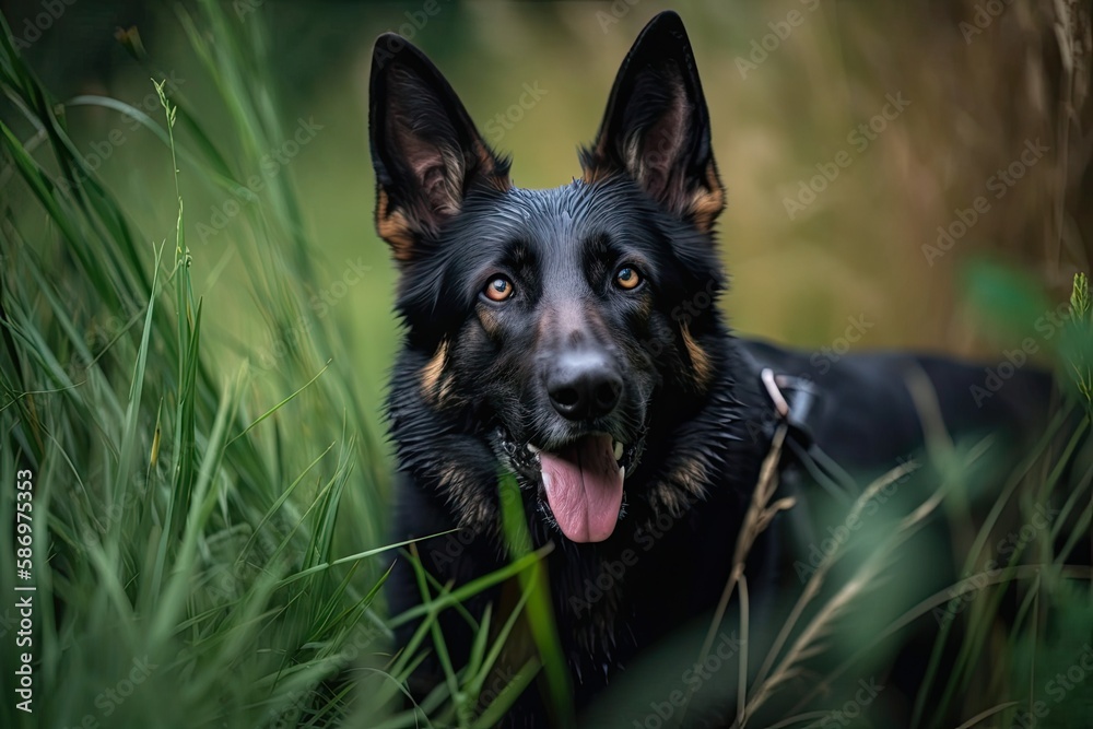 German shepherd in black portrait on lush grass. Animal. Generative AI