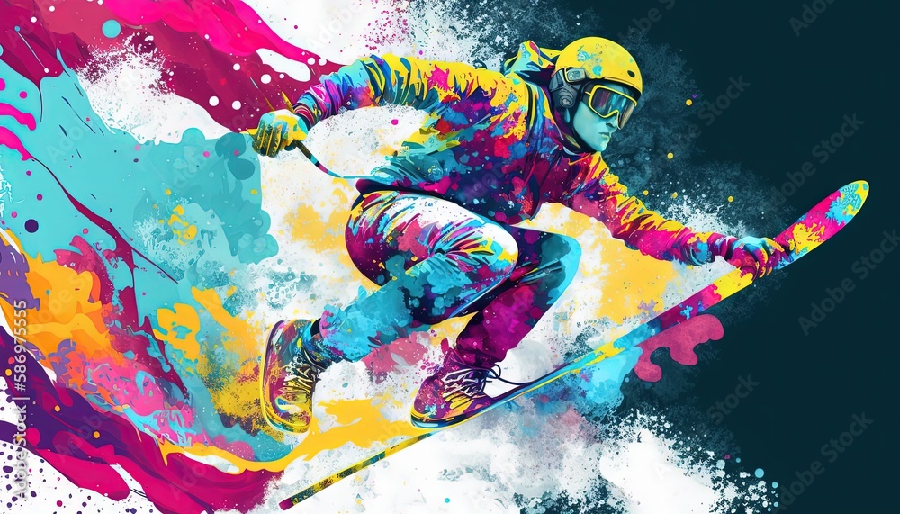 Man skiing winter extreme sport colorful by ai generative