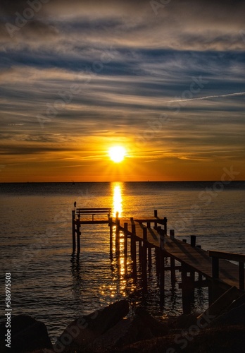Sunrise and fishing pier, Chesapeake Bay 