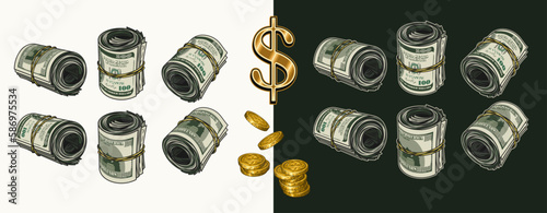Set of one dollar coins, shiny dollar sign, money rolls with 100 US dollar bills with obverse and reverse side. Vintage style. Color detailed vector illustration on white, black background.
