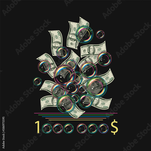 Label with flying dollar bills, soap bubbles. Concept of inflation, depreciation of money, disappearance of savings. Vector colorful illustration in vintage style.