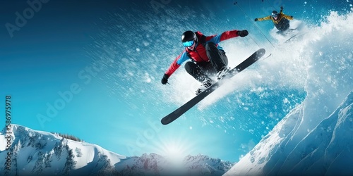 Skis Snowboarding. blue sky background, Extreme pose, extreme winter sport. copy space, by ai generative