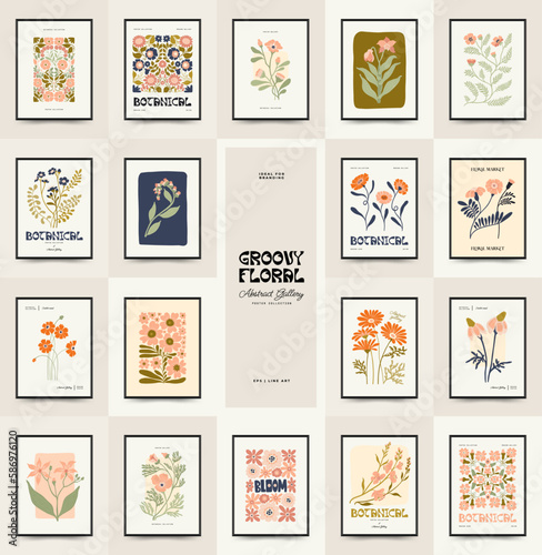Abstract floral posters template. Modern trendy Matisse minimal style. Groovy. Hand drawn design for wallpaper, wall decor, print, postcard, cover, template, banner. 