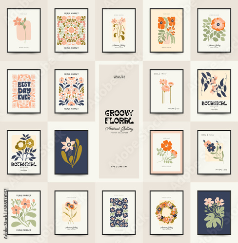 Abstract floral posters template. Modern trendy Matisse minimal style. Groovy. Hand drawn design for wallpaper, wall decor, print, postcard, cover, template, banner. 