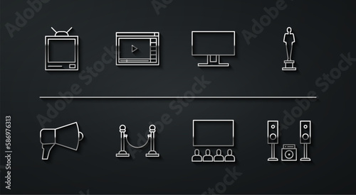 Set line Retro tv, Megaphone, Movie trophy, Cinema auditorium with screen, Rope barrier, Online play video, Home stereo two speakers and Smart Tv icon. Vector