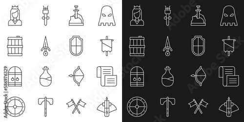 Set line Battle crossbow with arrow, Decree, parchment, scroll, Medieval flag, Sword in the stone, Dagger, Wooden barrel, Princess and Shield icon. Vector