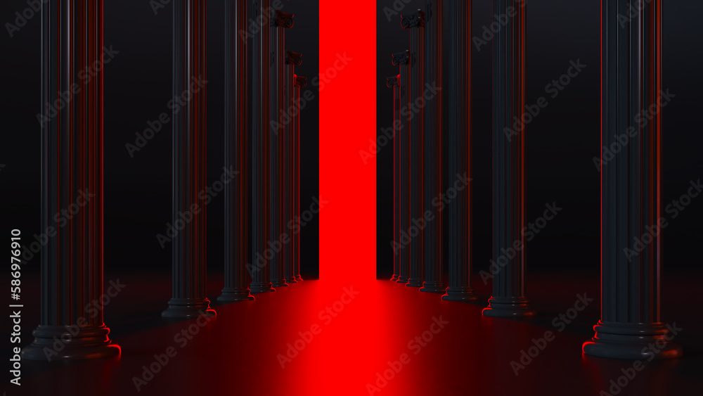 hall with black marble columns and shining light in the end, dark