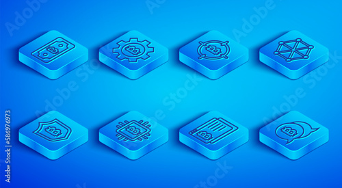 Set line Cryptocurrency bitcoin, Bitcoin, the target, CPU mining farm, browser, Blockchain technology, Shield with and icon. Vector