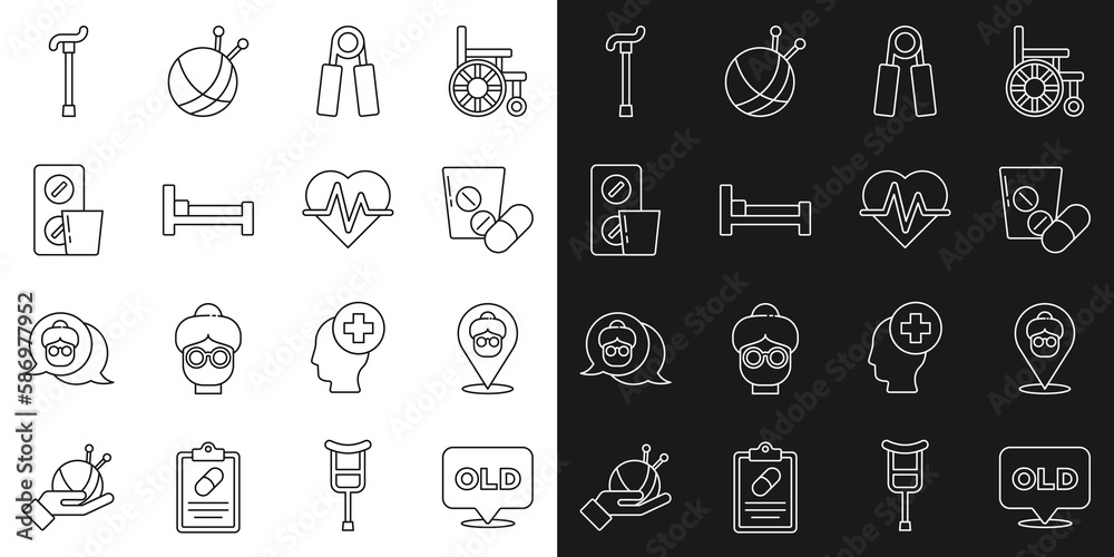 Set line Nursing home, Medicine pill or tablet, Sport expander, Bed, Pills blister pack, Walking stick cane and Heart rate icon. Vector Set line Nursing home, Medicine pill or tablet, Sport expander, Bed, Pills blister pack, Walking stick cane and Heart rate icon. Vector