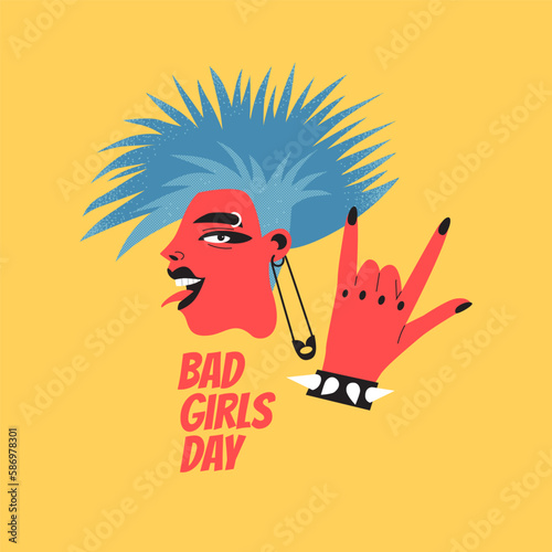 Bad girls day. Portrait of a young woman with punk rock hairstyle and jewelry