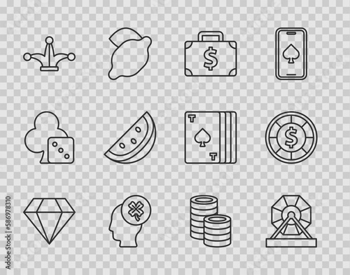 Set line Diamond, Lottery machine, Briefcase and money, Casino slot with clover, Joker playing card, watermelon, chips and icon. Vector