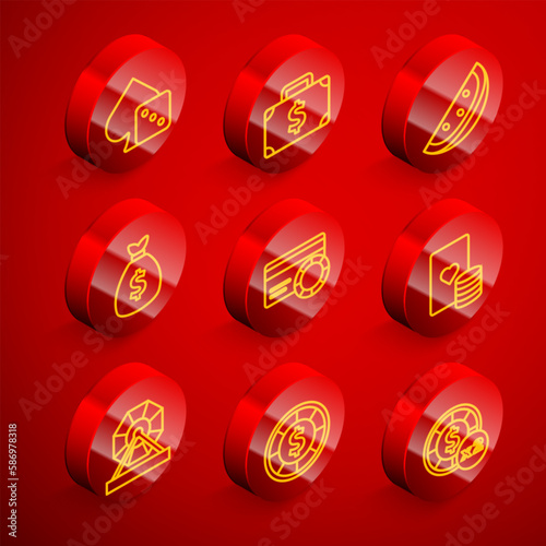 Set line Game dice, Briefcase and money, Casino slot machine with watermelon, Money bag, Credit card, chip playing cards, Lottery and chips icon. Vector