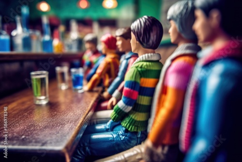 Fictional Gay Men - Plastic Dolls, Having fun at a colourful Gay Bar, Generative AI Illustration