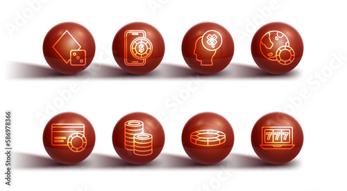 Set line Game dice, Credit card, Casino chips, Online poker table game, slot machine with jackpot and clover icon. Vector