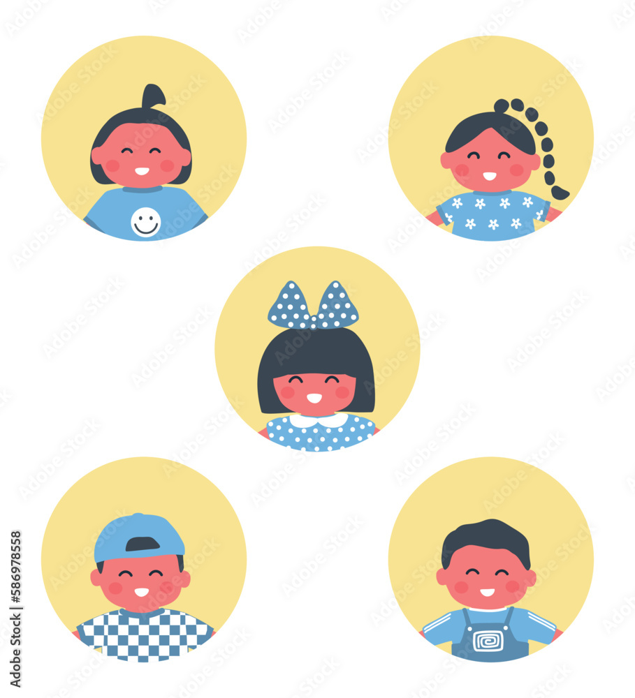 Children icons set. Five different images of children. Baby girls and baby boys. Cute cartoon characters. Vector illustration Children icons set. Five different images of children. Baby girls and baby boys. Cute cartoon characters. Vector illustration
