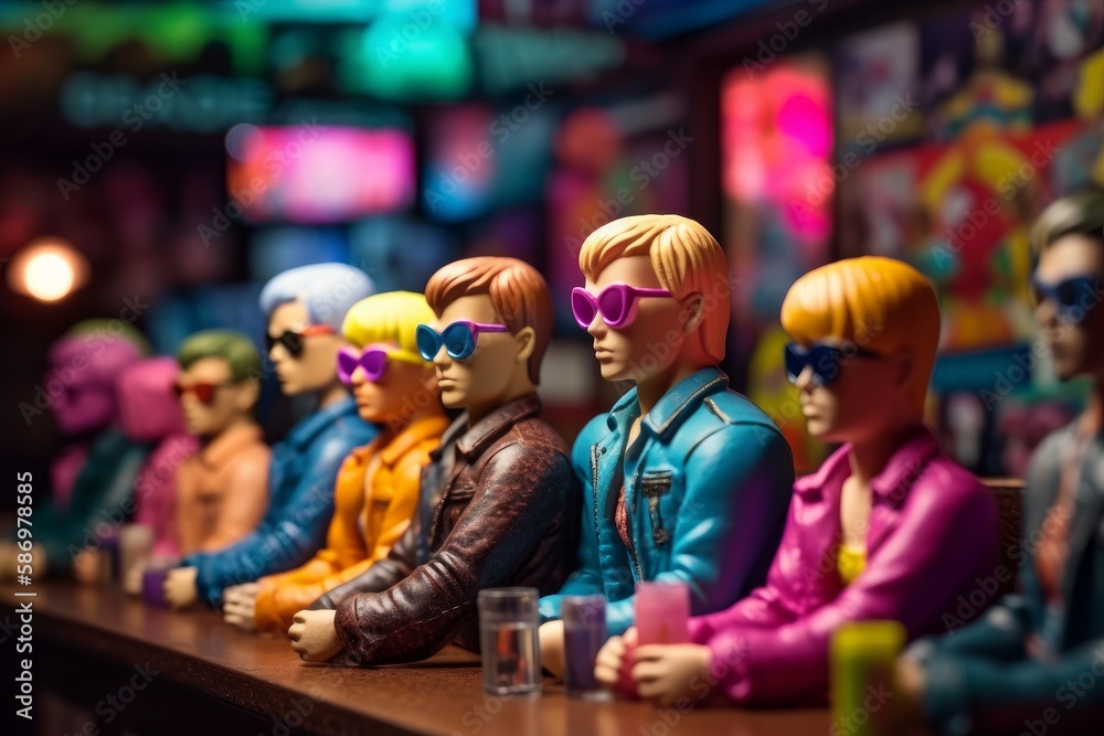 Fictional Gay Men - Plastic Dolls, Having fun at a colourful Gay Bar, Generative AI Illustration