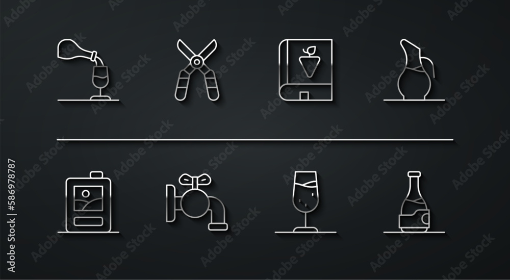 Set line Wine tasting, degustation, Cardboard box of wine, Decanter for, glass, Tap barrel, Gardening scissors, Bottle and Book about grapes icon. Vector Set line Wine tasting, degustation, Cardboard box of wine, Decanter for, glass, Tap barrel, Gardening scissors, Bottle and Book about grapes icon. Vector