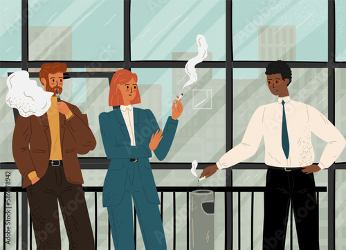 Business people smoke in office smoking area. Smoking concept vector illustration