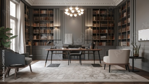 modern library room interior with big table