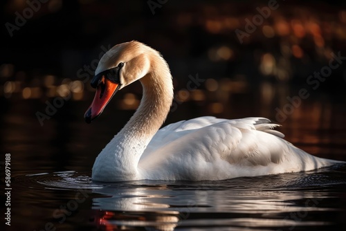 On the edge of a pond, a graceful white Swan with a crimson beak stands. the Cygnus olor, sometimes known as the mute swan. Generative AI