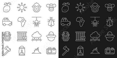Set line Photo camera, Camping hat, Mosquito, Monkey, Map of Africa, Car, Lemon and Spider icon. Vector © Kostiantyn