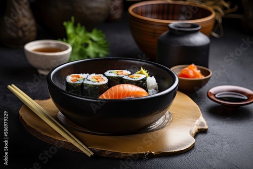 Japanese food. Asian cuisine On a circular wooden dish with sushi. Background of stone. Generative AI