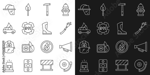 Set line Ringing alarm bell, Megaphone, Fire hose reel, Firefighter axe, Emergency call 911, Burning car, helmet and boots icon. Vector