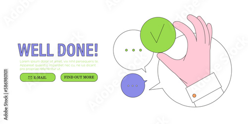 Hand hold round button with a tick. Good, great job, well done, ok or like symbol business or marketing for website or social media banner, ui. Approval, agreement in conversation, dialogue.