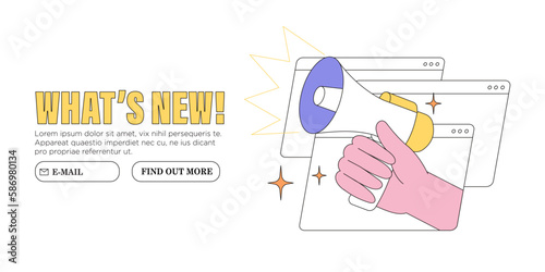 Hand hold megaphone or loudspeaker announce important message vector illustration. Concept of news, sales or discounts and new releases. Creative web or social media banner, ui, website advertisement.